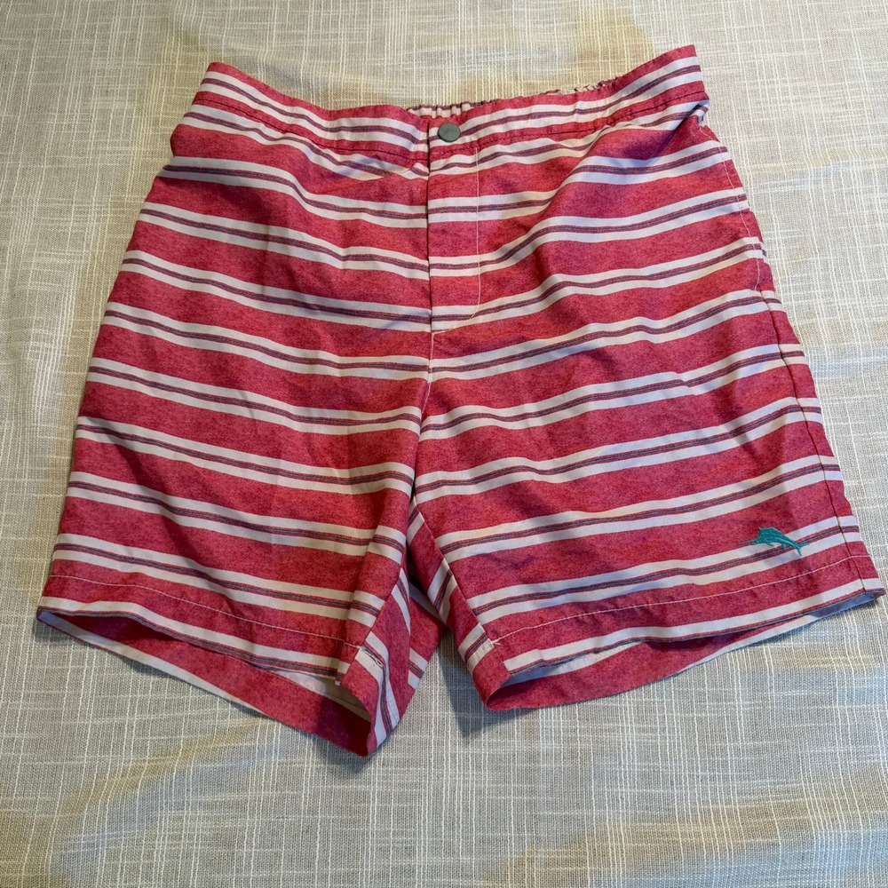 Tommy Bahama Relax Mens L Red White Striped Swim Trunks Board Shorts Mesh Lining